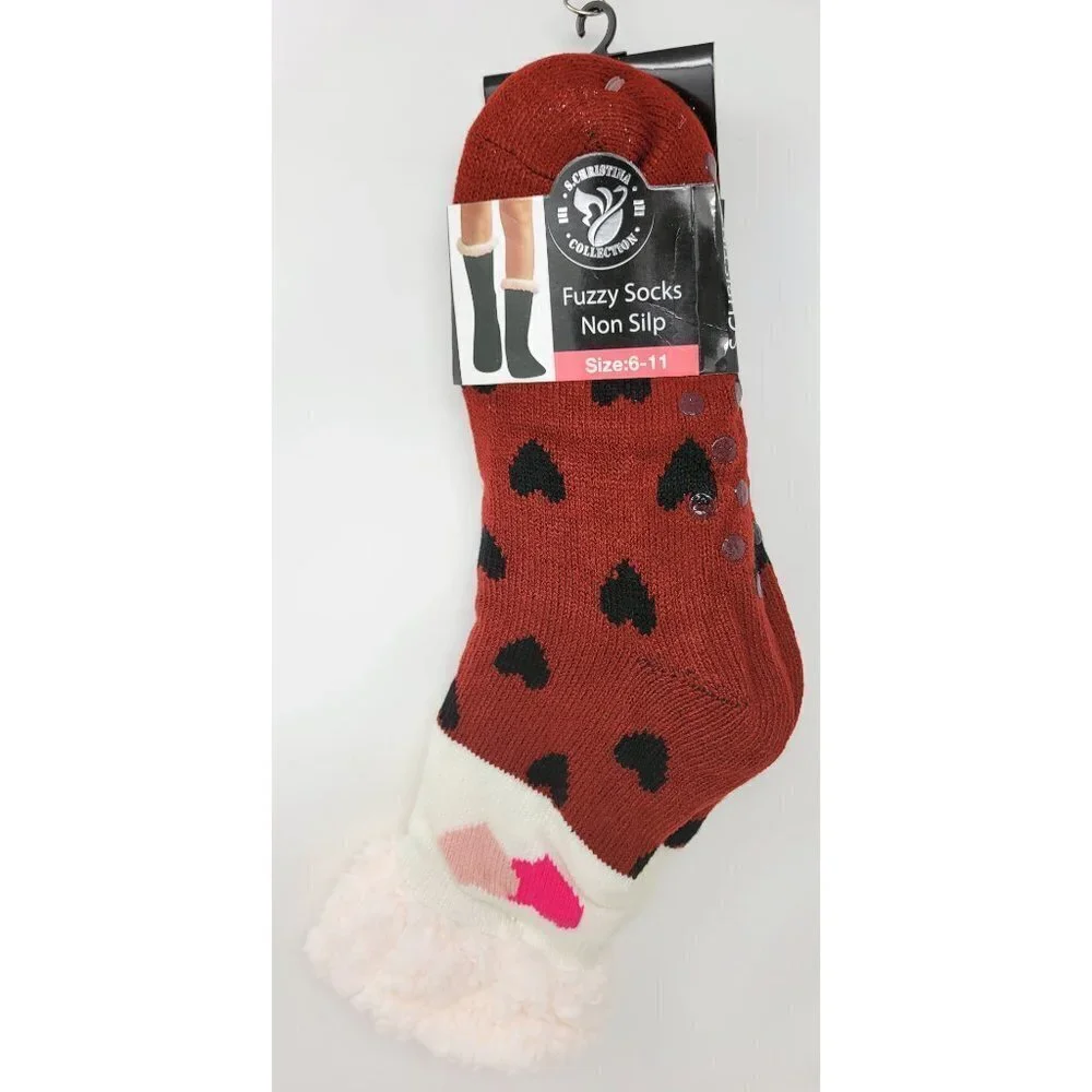 Women's Warm Thermal Fuzzy Slipper Socks - Red Hearts Design